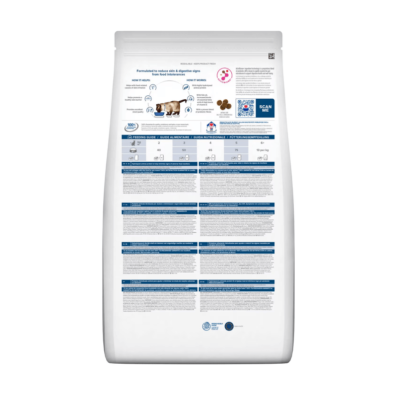 Back view of bag of Hills Prescription Diet Z/D dry cat food packaged in a white bag on white background.