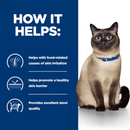 Picture of an adult Siamese cat pictured next to a blue section with white text stating 'How it helps: Helps with food-related causes of skin irritation, Helps promote a healthy skin barrier, Provides excellent stool quality.'