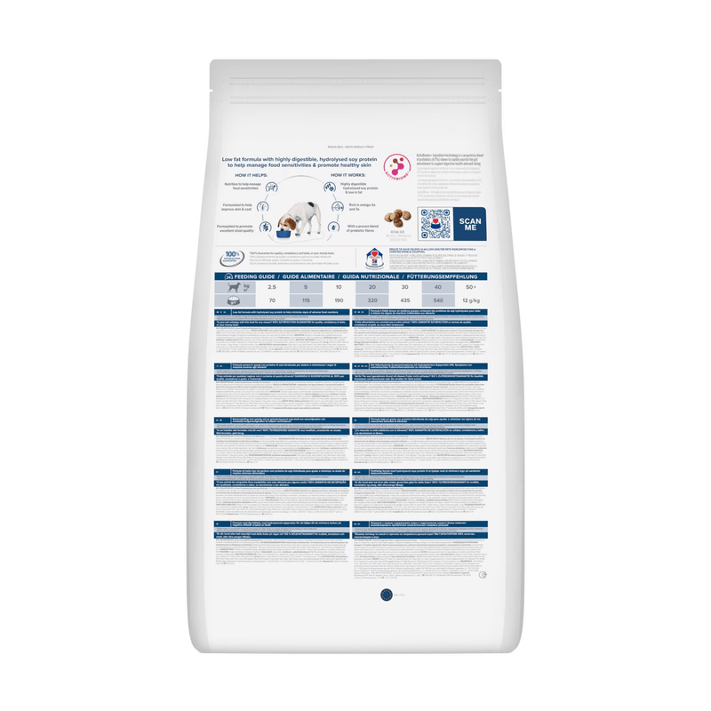 Back view of bag of Hills Prescription Diet Food Sensitivities Z/D Low Fat dry food packaged in a white bag on white background.