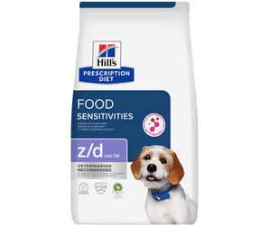 Hills Prescription Diet Food Sensitivities Low Fat dry dog food packaged in a white bag with a brown and white adult dog pictured on the bag. Text on bag says 'Hill's Prescription Diet, Food Sensitivities' and 'Z/D Low Fat, Veterinarian recommended' pictured on white background. 