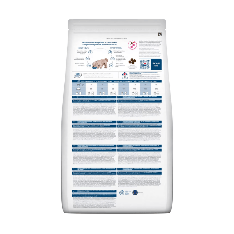 Back view of bag of Hills Prescription Diet Food Sensitivities Z/D dry food packaged in a white bag on white background.