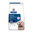 Hills Prescription Diet Food Sensitivities dry dog food packaged in a white bag with an adult bichon frise pictured on the bag. Text on bag says 'Hill's Prescription Diet, Food Sensitivities' and 'Mini Z/D, Veterinarian recommended' pictured on white background. 