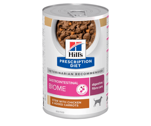 Hills Prescription dog food tin with a bowl full of food pictured on the label, text reads 'Gastrointestinal Biome' and 'Digestive/fibre care' and 'Stew with chicken & added carrots' on a white background. 