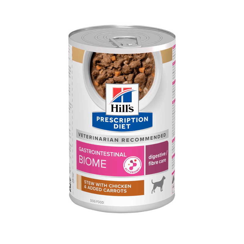 Hills Prescription dog food tin with a bowl full of food pictured on the label, text reads 'Gastrointestinal Biome' and 'Digestive/fibre care' and 'Stew with chicken & added carrots' on a white background. 