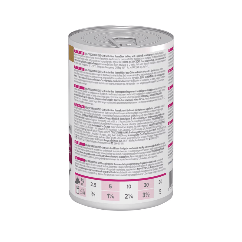 Back view of Hills Prescription I/D Gastrointestinal Biome Adult dog food tin on a white background.