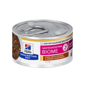 Hills Prescription cat food tin with a bowl full of food pictured on the label, text reads 'Gastrointestinal Biome' and 'Stew with chicken & added vegetables' on a white background. 