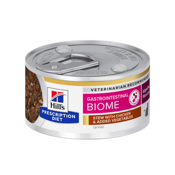 Hills Prescription cat food tin with a bowl full of food pictured on the label, text reads 'Gastrointestinal Biome' and 'Stew with chicken & added vegetables' on a white background. 