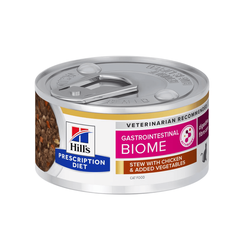 Hills Prescription cat food tin with a bowl full of food pictured on the label, text reads 'Gastrointestinal Biome' and 'Stew with chicken & added vegetables' on a white background. 