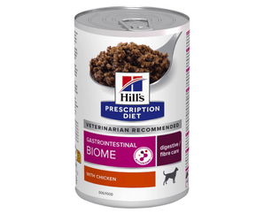 Hills Prescription dog food tin with a spoon full of food pictured on the label, text reads 'Gastrointestinal Biome' and 'Digestive/fibre care' and 'with chicken' on a white background. 