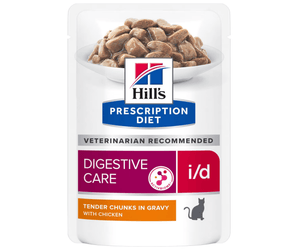 Hills Prescription cat food pouch with a bowl full of food pictured on the packet, text reads 'Digestive Care, I/D' and 'Tender chunks in Gravy with Chicken' on a white background. 