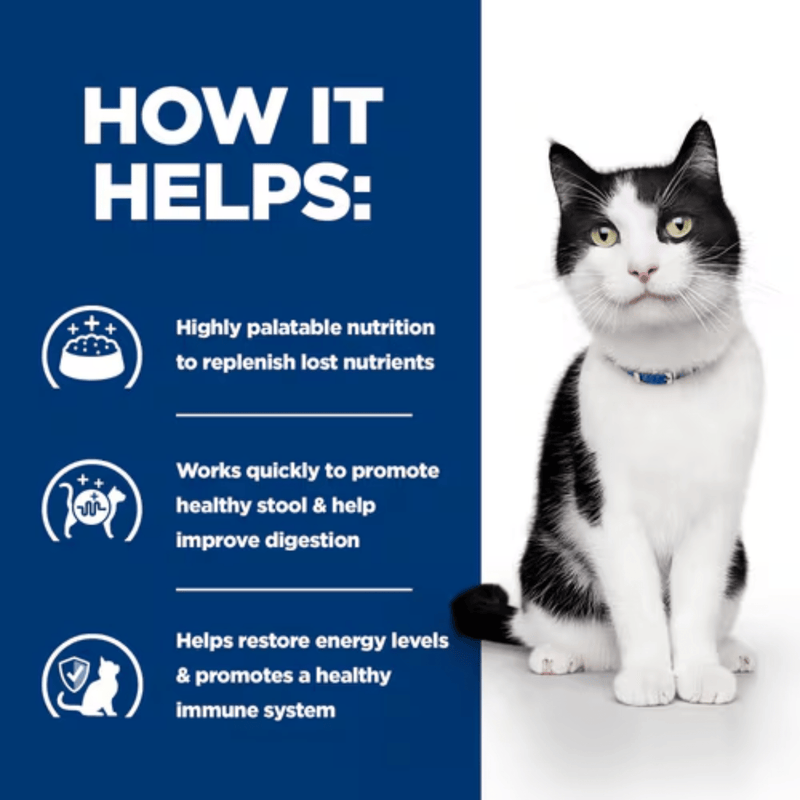 Picture of an adult black and white cat pictured next to a blue section with white text stating 'How it helps: Highly palatable nutrition to replenish lost nutrients, Works quickly to promote healthy stool & help improve digestion, Helps restore energy levels & promote a healthy immune system.' 
