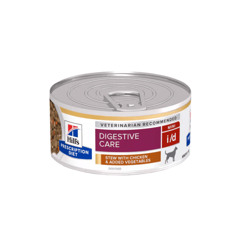 Hills Prescription dog food tin with a bowl full of food pictured on the label, text reads 'Digestive Care' and 'Mini, I/D' and 'Stew with chicken & added Vegetables' on a white background. 