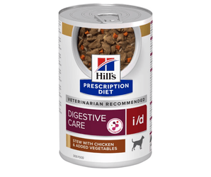 Hills Prescription dog food tin with a bowl full of food pictured on the label, text reads 'Digestive Care' and 'I/D' and 'Stew with chicken & added Vegetables' on a white background. 