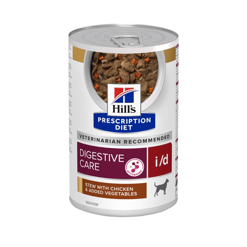 Hills Prescription dog food tin with a bowl full of food pictured on the label, text reads 'Digestive Care' and 'I/D' and 'Stew with chicken & added Vegetables' on a white background. 
