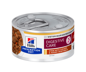 Hills Prescription cat food tin with a bowl full of food pictured on the label, text reads 'Digestive Care, I/D' and 'Stew with chicken & added vegetables' on a white background. 