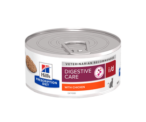 Hills Prescription cat food tin with a spoon full of food pictured on the label, text reads 'Digestive Care, I/D' and 'with chicken' on a white background. 