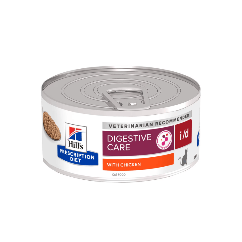 Hills Prescription cat food tin with a spoon full of food pictured on the label, text reads 'Digestive Care, I/D' and 'with chicken' on a white background. 