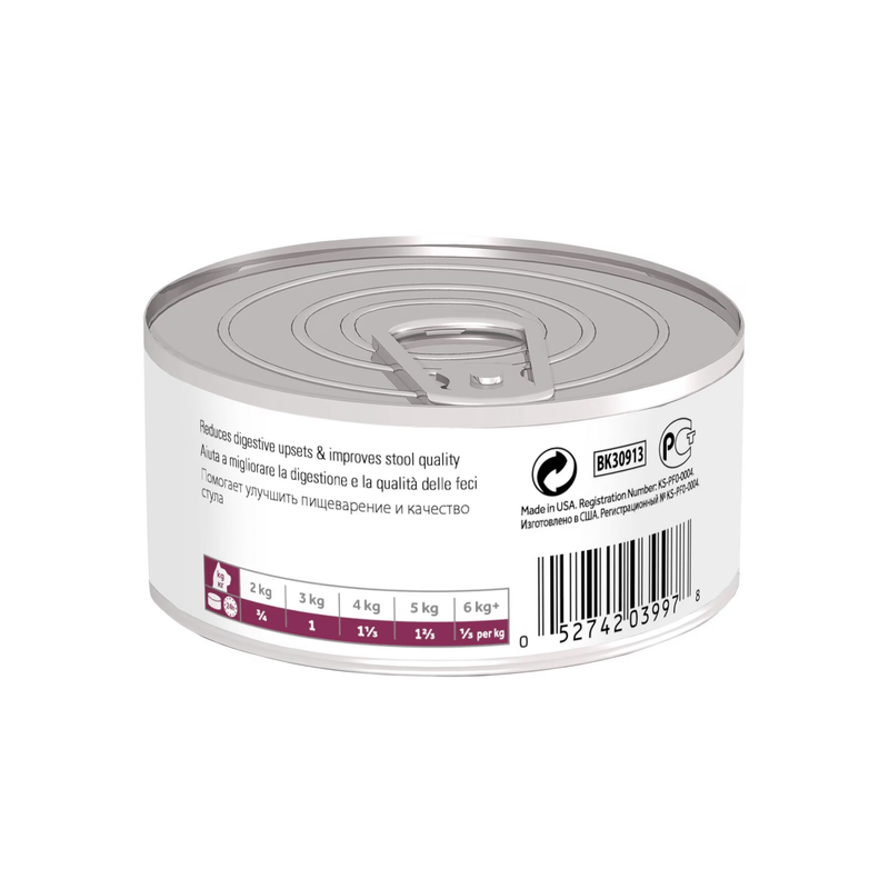 Back view of Hills Prescription Digestive Care Adult cat wet food tin on a white background. 