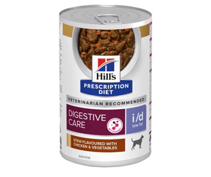 Hills Prescription dog food tin with a bowl full of food pictured on the label, text reads 'Digestive Care' and 'I/D Low Fat' and 'Stew flavoured with chicken & vegetables' on a white background. 