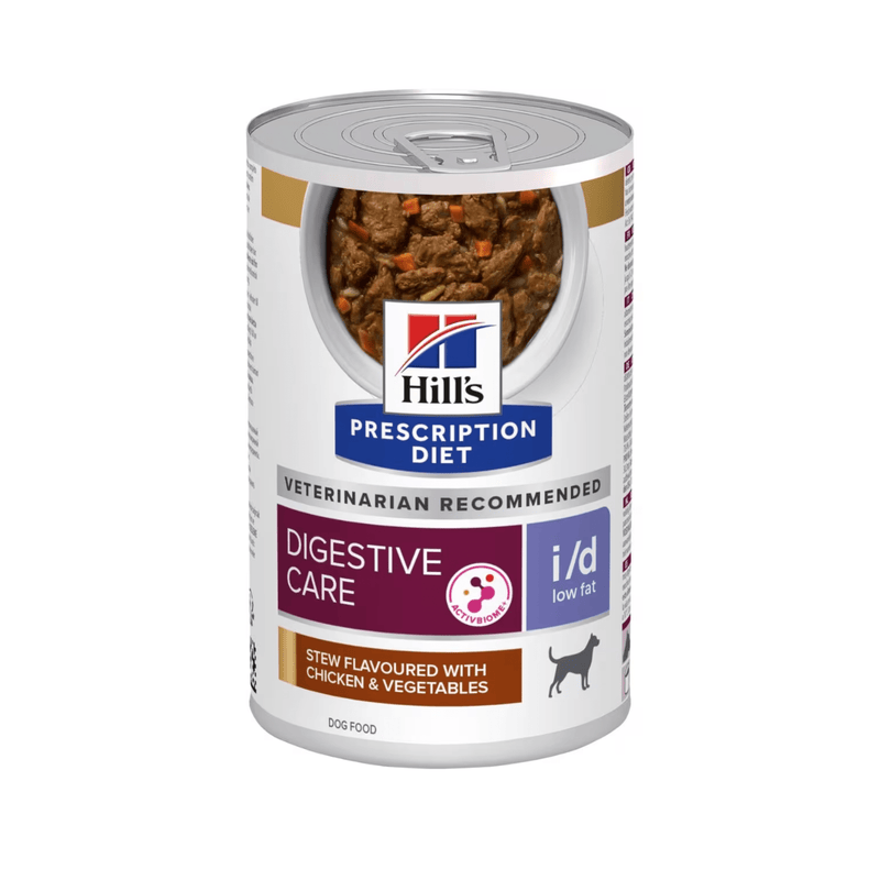 Hills Prescription dog food tin with a bowl full of food pictured on the label, text reads 'Digestive Care' and 'I/D Low Fat' and 'Stew flavoured with chicken & vegetables' on a white background. 