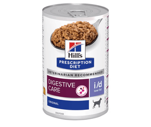 Hills Prescription dog food tin with a spoon full of food pictured on the label, text reads 'Digestive Care' and 'I/D Low Fat' and 'Original' on a white background. 