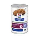 Hills Prescription dog food tin with a spoon full of food pictured on the label, text reads 'Digestive Care' and 'I/D Low Fat' and 'Original' on a white background. 