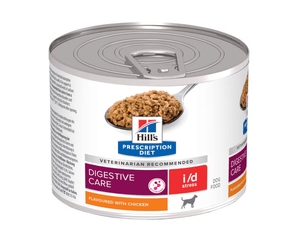 Hills Prescription dog food tin with a spoon full of food pictured on the label, text reads 'Digestive Care' and 'I/D, Stress' and 'flavoured with chicken' on a white background. 