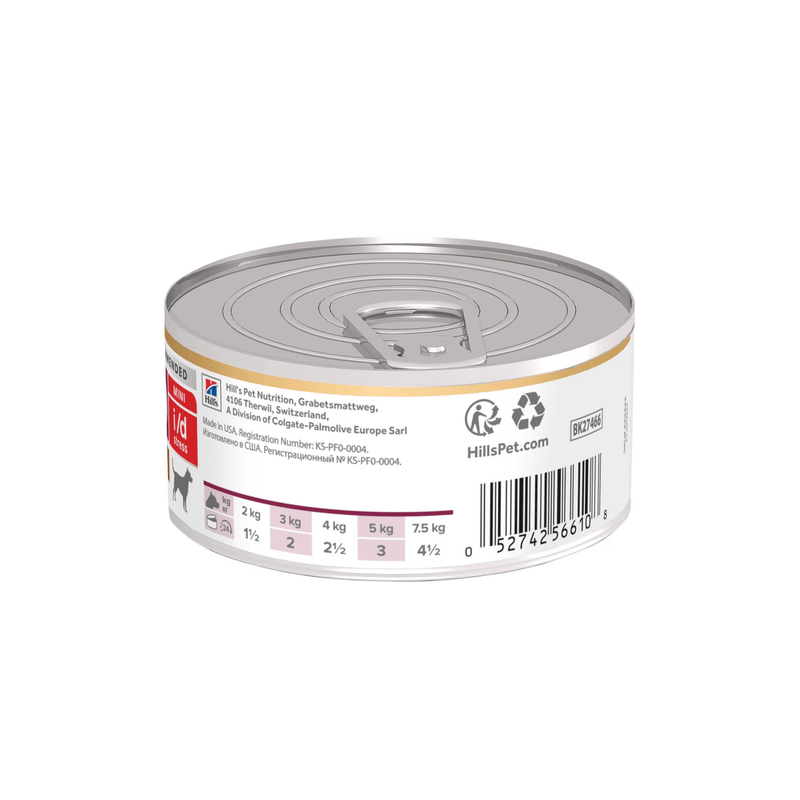 Back view of Hills Prescription I/D Stress, Digestive Care Adult dog/cat food tin on a white background.