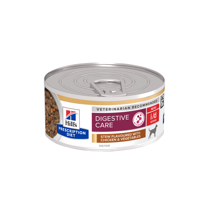 Hills Prescription dog food tin with a bowl full of food pictured on the label, text reads 'Digestive Care' and 'Mini, I/D' and 'Stew flavoured with chicken & Vegetables' on a white background. 