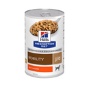 Hills Prescription dog food tin with a spoon full of food pictured on the label, text reads 'Mobility' and 'J/D' and 'with chicken' on a white background. 