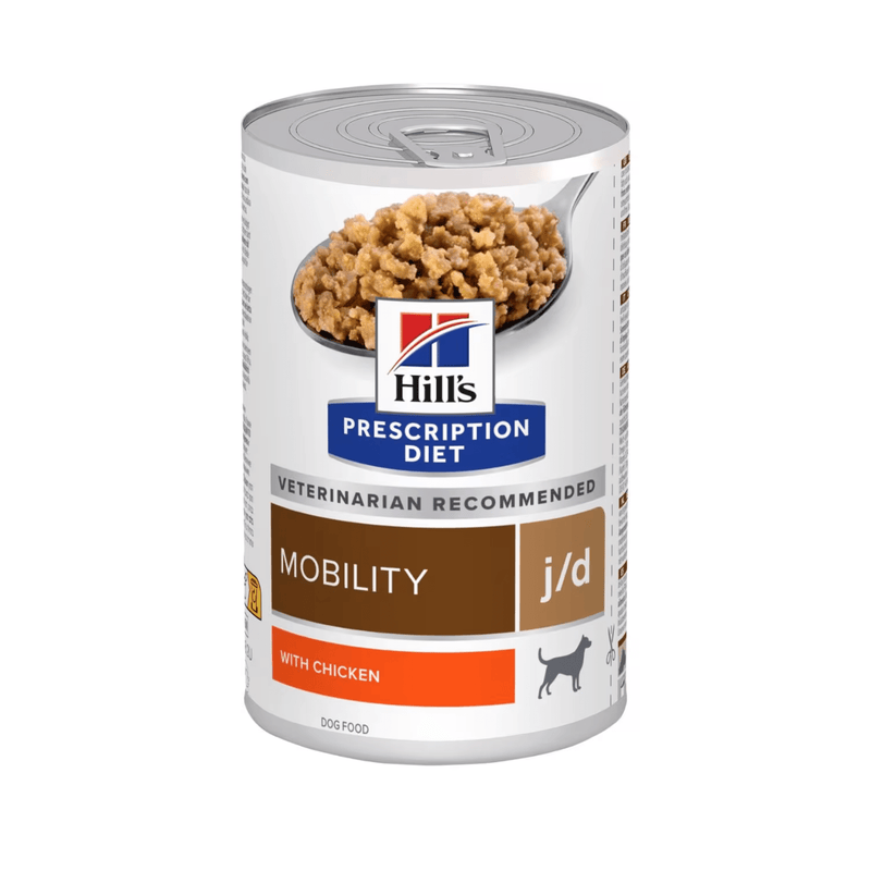 Hills Prescription dog food tin with a spoon full of food pictured on the label, text reads 'Mobility' and 'J/D' and 'with chicken' on a white background. 