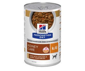 Hills Prescription dog food tin with a bowl full of food pictured on the label, text reads 'Kidney Care, K/D' and 'Stew with chicken & added vegetables' on a white background. 