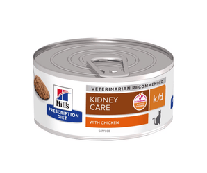 Hills Prescription cat food tin with a spoon full of food pictured on the label, text reads 'Kidney Care, K/D' and 'with chicken' on a white background. 