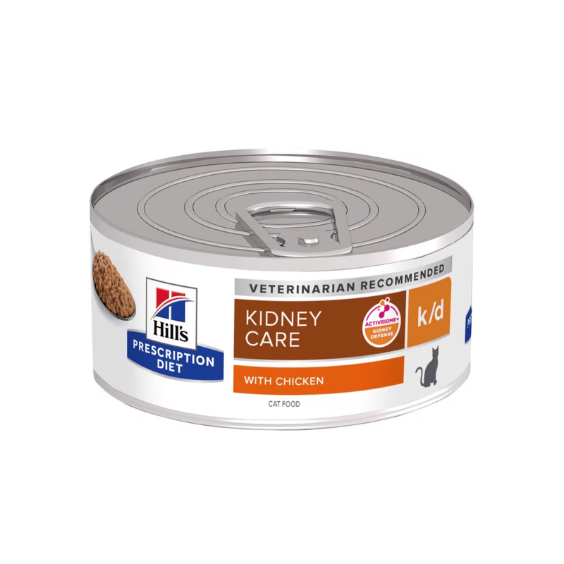 Hills Prescription cat food tin with a spoon full of food pictured on the label, text reads 'Kidney Care, K/D' and 'with chicken' on a white background. 