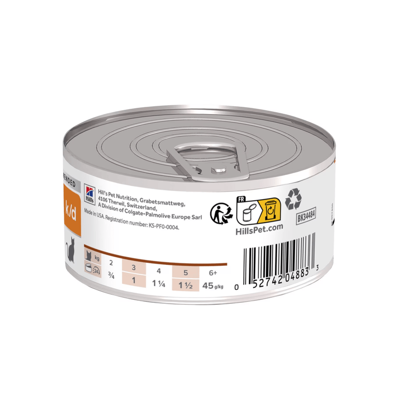 Back view of Hills Prescription Kidney Care Adult cat food tin on a white background. 