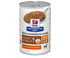 Hills Prescription dog food tin with a spoon full of food pictured on the label, text reads 'Kidney + Mobility, K/D + J/D' and 'Flavoured with chicken' on a white background. 