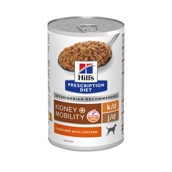 Hills Prescription dog food tin with a spoon full of food pictured on the label, text reads 'Kidney + Mobility, K/D + J/D' and 'Flavoured with chicken' on a white background. 