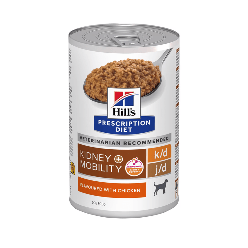 Hills Prescription dog food tin with a spoon full of food pictured on the label, text reads 'Kidney + Mobility, K/D + J/D' and 'Flavoured with chicken' on a white background. 