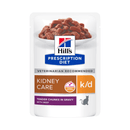 Hills Prescription cat food pouch with a bowl full of food pictured on the packet, text reads 'Kidney Care, K/D' and 'Tender chunks in Gravy with Beef' on a white background. 