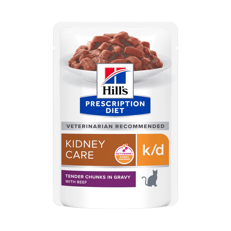 Hills Prescription cat food pouch with a bowl full of food pictured on the packet, text reads 'Kidney Care, K/D' and 'Tender chunks in Gravy with Beef' on a white background. 