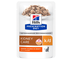 Hills Prescription cat food pouch with a bowl full of food pictured on the packet, text reads 'Kidney Care, K/D' and 'Tender chunks in Gravy with Chicken' on a white background. 