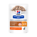 Hills Prescription cat food pouch with a bowl full of food pictured on the packet, text reads 'Kidney Care, K/D' and 'Tender chunks in Gravy with Chicken' on a white background. 