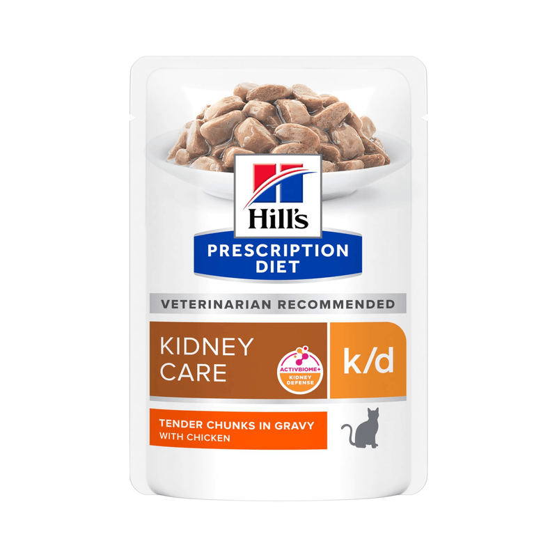 Hills Prescription cat food pouch with a bowl full of food pictured on the packet, text reads 'Kidney Care, K/D' and 'Tender chunks in Gravy with Chicken' on a white background. 
