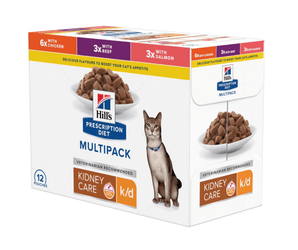 Box of wet cat food pouches with an adult grey tabby cat pictured on the box, text on the box says 'Hill's Prescription Diet Multipack' and '6x with Chicken, 3x with Beef and 3x with Salmon' below is a picture of the wet food. 