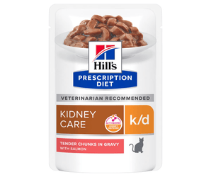 Hills Prescription cat food pouch with a bowl full of food pictured on the packet, text reads 'Kidney Care, K/D' and 'Tender chunks in Gravy with Salmon' on a white background. 