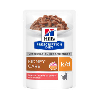 Hills Prescription cat food pouch with a bowl full of food pictured on the packet, text reads 'Kidney Care, K/D' and 'Tender chunks in Gravy with Salmon' on a white background. 