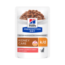 Hills Prescription cat food pouch with a bowl full of food pictured on the packet, text reads 'Kidney Care, K/D' and 'Tender chunks in Gravy with Salmon' on a white background. 