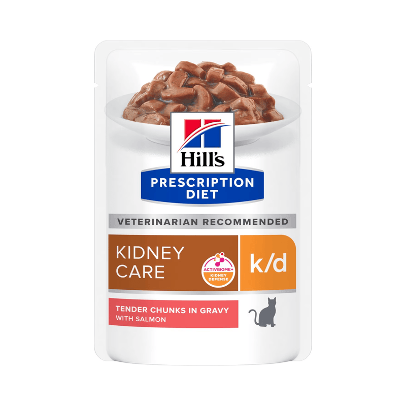 Hills Prescription cat food pouch with a bowl full of food pictured on the packet, text reads 'Kidney Care, K/D' and 'Tender chunks in Gravy with Salmon' on a white background. 