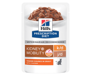 Hills Prescription cat food pouch with a bowl full of food pictured on the packet, text reads 'Kidney + Mobility, K/D J/D' and 'Tender chunks in Gravy with Chicken' on a white background. 