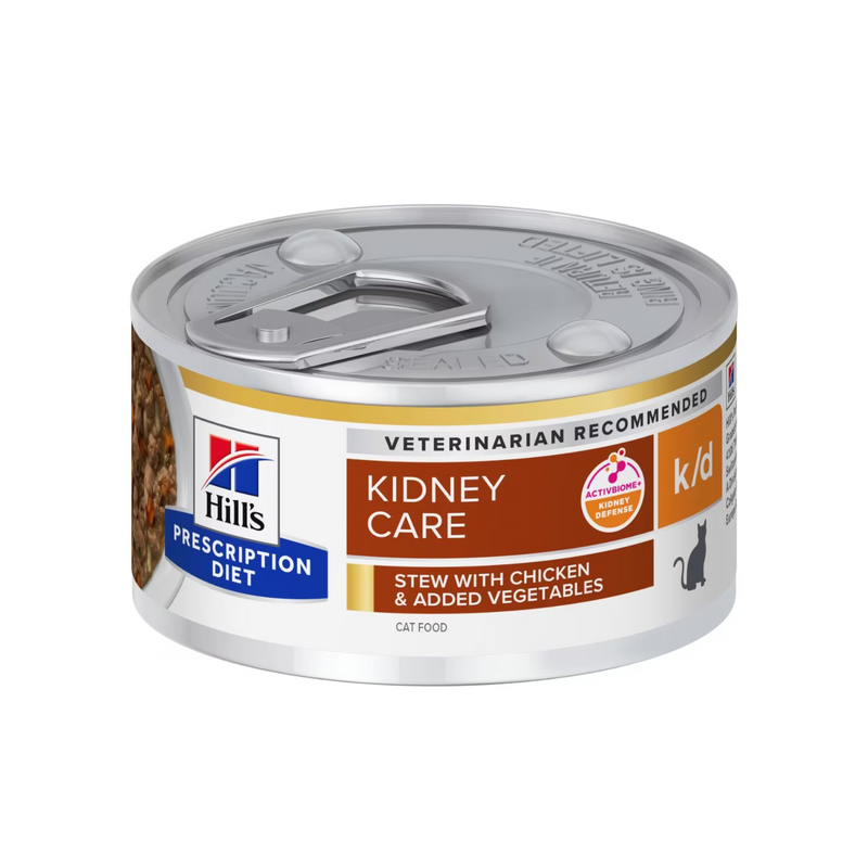 Hills Prescription cat food tin with a spoon full of food pictured on the label, text reads 'Kidney Care, K/D' and 'Stew with chicken & added Vegetables' on a white background. 